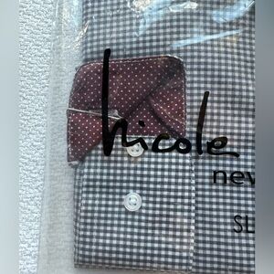 Nicole Miller Dress Shirt New! L 16 / 16.5 Long Sleeve, burgundy cuffs BNIP